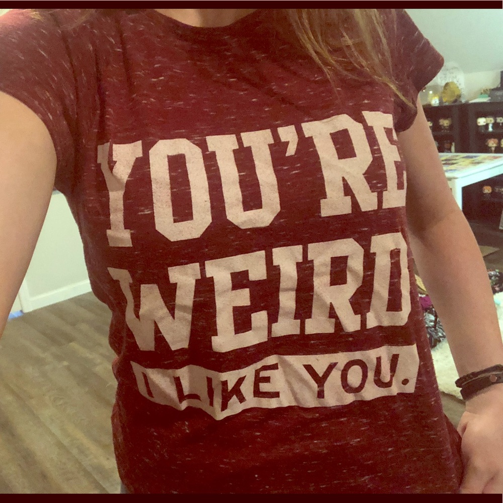 red graphic words t-shirt